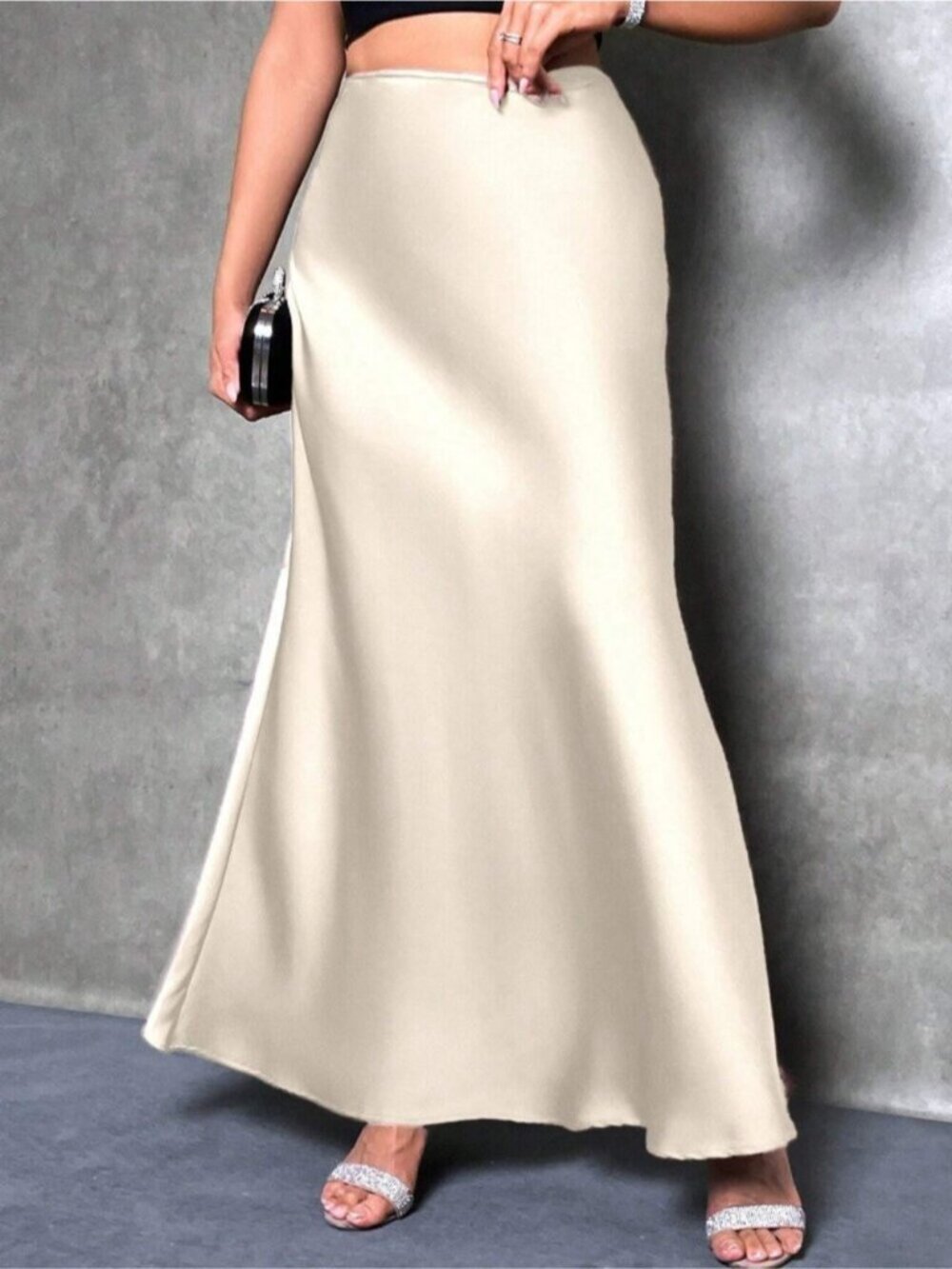 Elegant High-Waist Flowy Satin Maxi Skirt Beige - Picture 3 of 5